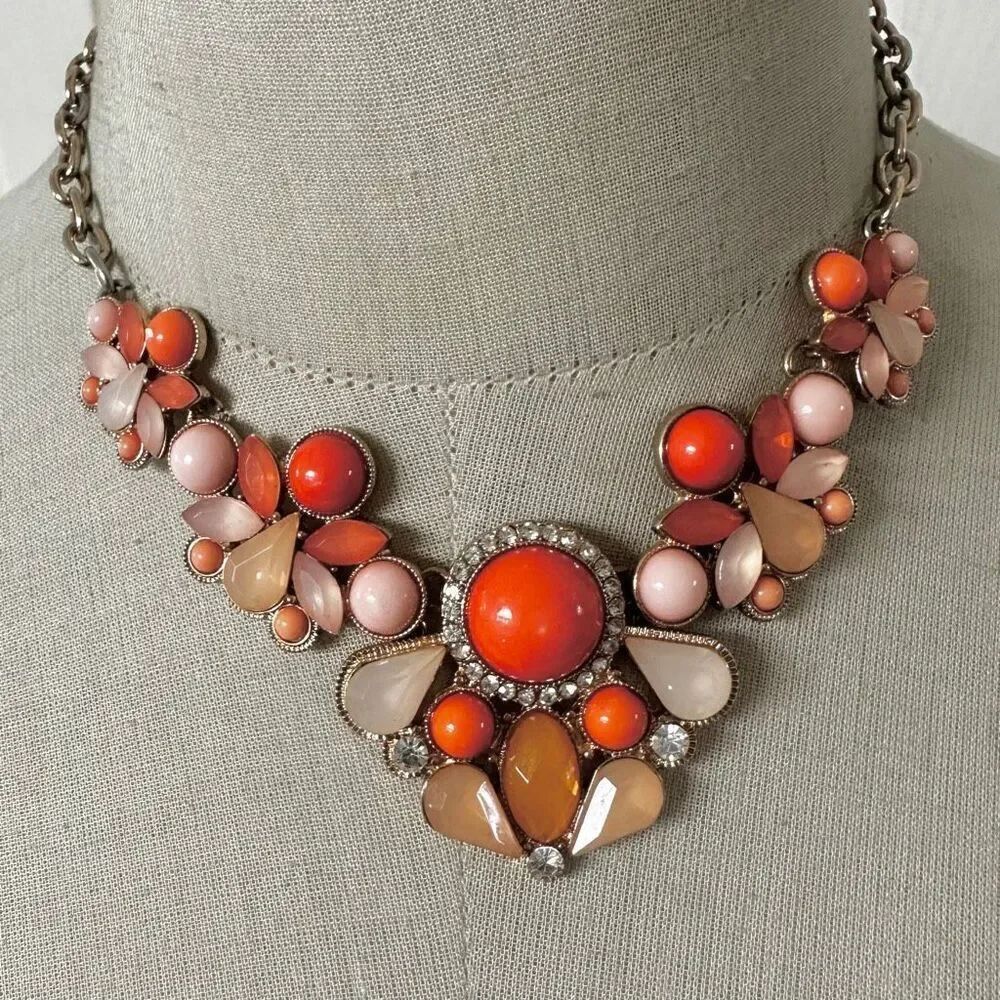 Bold Statement Bib Necklace Coral Peach  Crystals